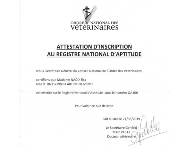 ostéopathe inscrit au registre de l'ordre national des vétérinaires